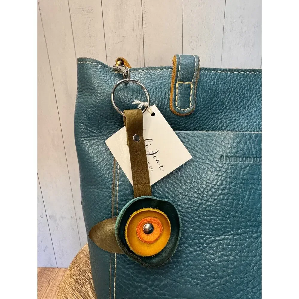 Genuine Leather Round Flower Purse Charm Blue Chartreuse Peach Boho Bag Charm